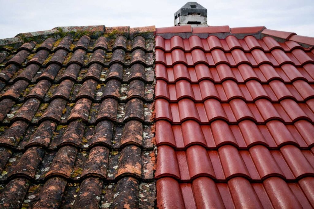 Old mossy roof vs newly cleaned and restored tiles
